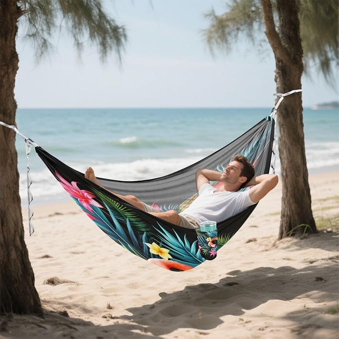 FRMG Flamingo Tropical Flowers Camping Hammock 500 lbs Capacity Portable Hammocks with Tree Straps & Attached Carry Bag, Camping Essentials Gear A0900560a