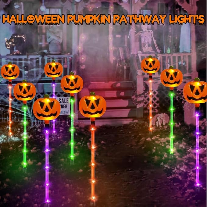 12 Pack Solar Pumpkin Lights Outdoor Waterproof for Halloween Decorations | 8 Modes Halloween Pathway Solar Lights, Orange Purple and Green, for Yard Garden Patio Holiday Party Decor