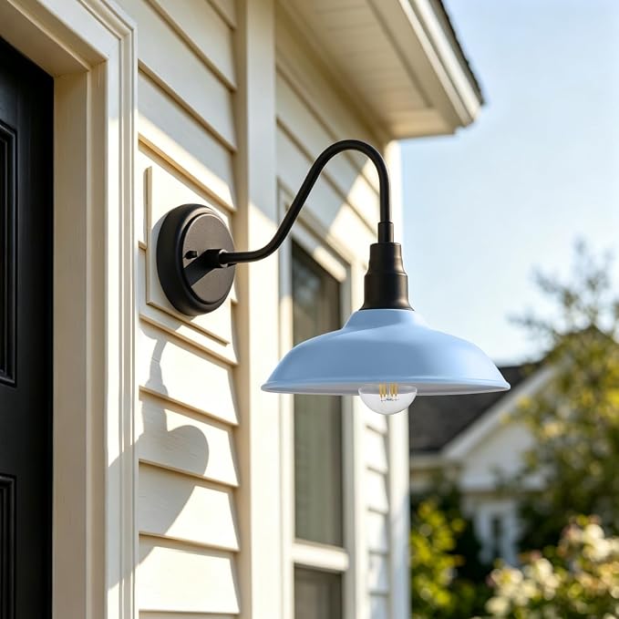 10 Inch Dome Gooseneck Barrn Light Outdoor, Baby Blue Goose Neck Farmhouse Outdoor Lights Fixture, Barn Style Exterior Wall Lighting Fixtures for Garage, Porch, Entryway