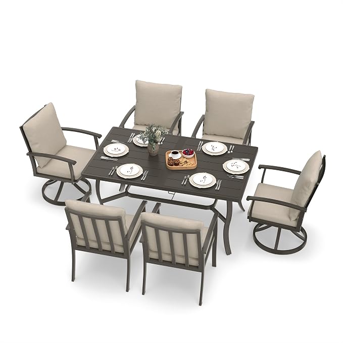 HAPPATIO 7 Piece Patio Dining Set, Aluminum Outdoor Dining Set for 6, Patio Furniture Sets, 2 Swivel Dining Chairs, 4 Dining Chairs, Aluminum Furniture Set for Patio, Yard (Black)