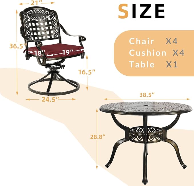 5 Piece Patio Dining Set, Outdoor Table and Chairs Set for 4 Cushioned Swivel Rocking Chairs and 38.5'' Round Table, All-Weather Cast Aluminum Patio Funiture Set, 2'' Umbrella Hole, Red