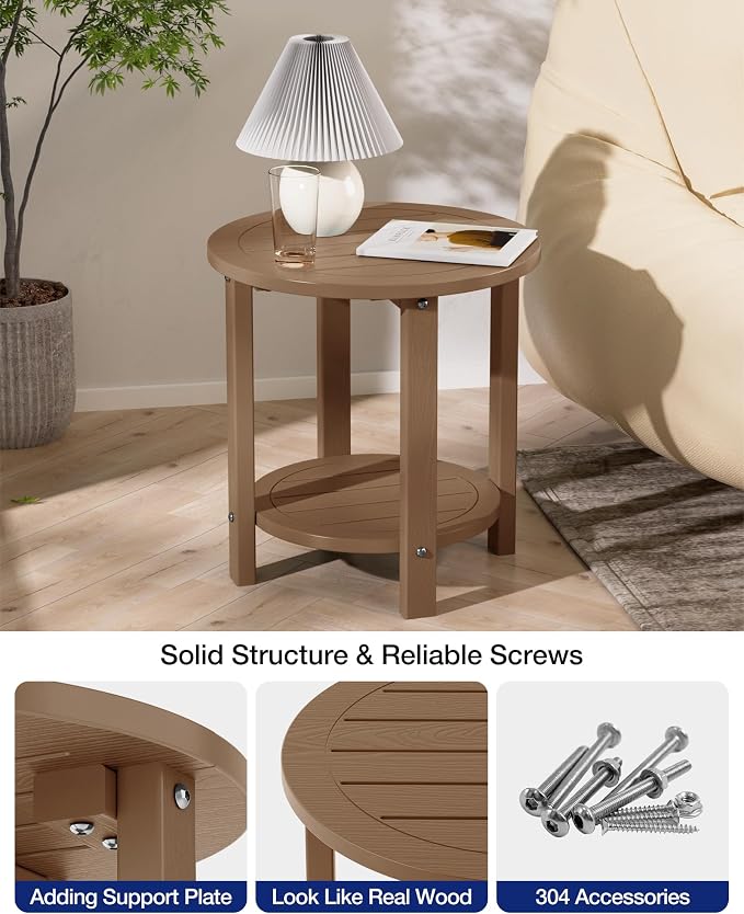 YEFU Outdoor Side Table for Patio: 16in HIPS Small Round Outdoor End Table - 2-Tier Adirondack Tables for Porch Patio Yard Poolside Living Room Beach Bedroom (Teak, 2 Pack)