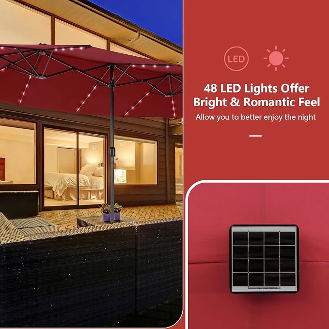 Tangkula 11 Pieces Patio Dining Set with 15ft Double-Sided LED Patio Umbrella (Base Included), Outdoor Rattan Furniture Set with 8 Stackable Chairs, Acacia Wood Dining Table and Umbrella (Wine)