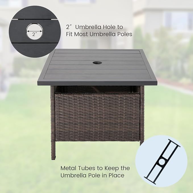 LDAILY Patio Table Umbrella, Outdoor Table with Umbrella Hole, Rattan Patio Side Table with Steel Umbrella Hole, HDPE Desktop & Metal Frame for Deck Garden Poolside Backyard Balcony, Mix Brown