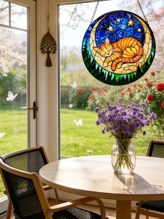 Orange Sleeping Cat Stained Glass Suncatcher Window Hanging Birthday Gifts | 7.8in Garden Sun Catcher, Cat on the Moon Starry Night Ornament for Door Home, Gift for Women Men & Mother's Day Christmas