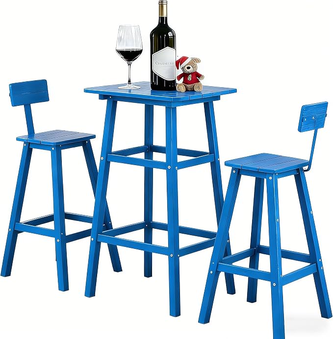 3-Piece Outdoor Counter Height Bar Table Set, 42" Pub & Bistro Table with 2 Stools, HDPE Weather Resistant for Patio/Backyard/Garden/Poolside, Navy Blue