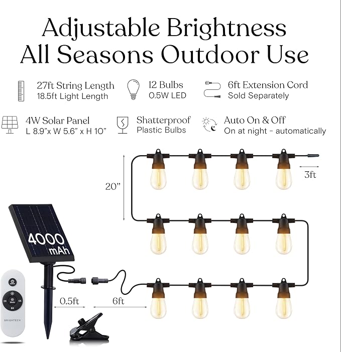 Brightech Ambience Pro Solar String Lights & Remote, Commercial Grade 27 ft