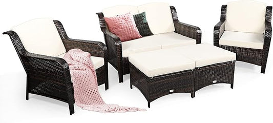 COSTWAY 5PCS Patio Wicker Rattan Furniture Set, Loveseat Sofa with Ottomans and Cushioned Chairs, Conversation Sets for Outdoor Garden Backyard