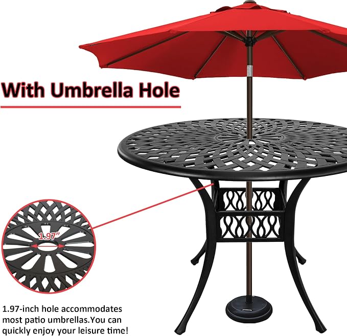 42“ Round Outdoor Table, All Weather Patio Table with Umbrella Hole, Cast Aluminum Bistro Table for Outside (Black)