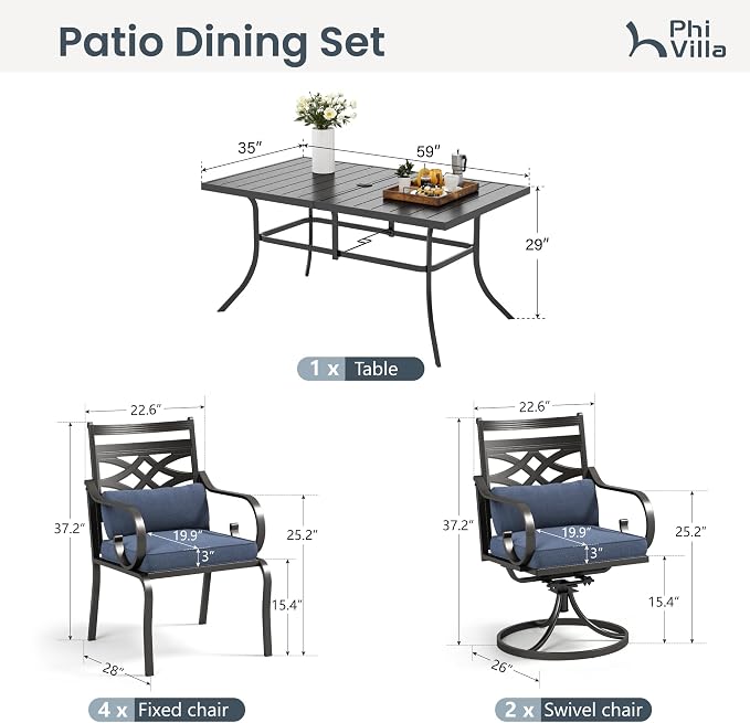PHI VILLA Patio Dining Set, Swivel Chairs, Metal Table | Metal chairs, Blue Cushion, Umbrella Hole, Cushions, E-coated