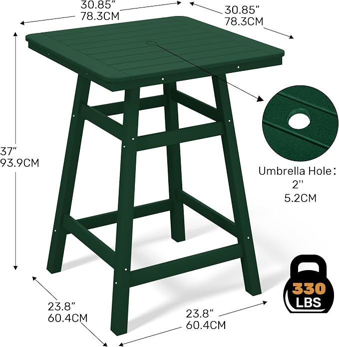 Costaelm Outdoor Bar Table, 37" Counter Height Square Patio Cocktail Bar Table with Umbrella Hole, Patio Bistro Dining Pub Table for Front Porch Deck Backyard Garden, Dark Green