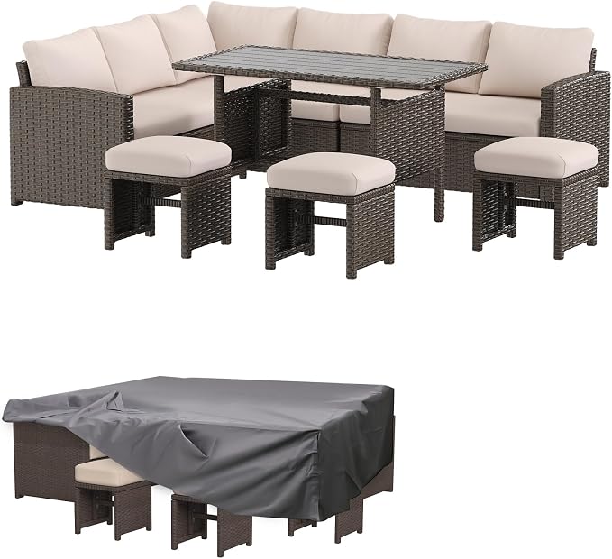 AECOJOY Outdoor Patio Furniture Set with Waterproof Cover, 7 Pieces Clearance Sectional Rattan Dining Table&Chairs, All Weather Wicker Conversation Sofa Couch, Khaki Cushions&Brown Rattan
