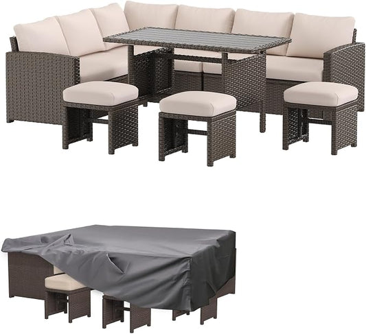 AECOJOY Outdoor Patio Furniture Set with Waterproof Cover, 7 Pieces Clearance Sectional Rattan Dining Table&Chairs, All Weather Wicker Conversation Sofa Couch, Khaki Cushions&Brown Rattan