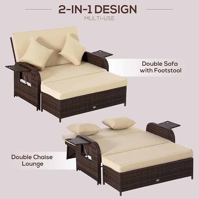 Outsunny Patio Rattan Daybed with Cushions, Wicker Outdoor Bed Lounger w/Loveseat, Storage Ottoman, Coffee & Side Tables, for Poolside, Porch, Backyard, Beige