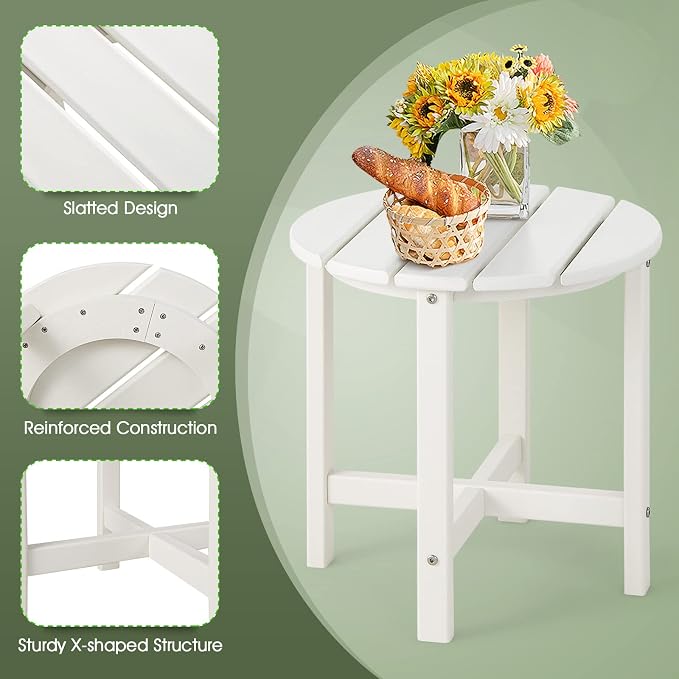 Tangkula Round Outdoor Side Table, 18 Inch Weather Resistant HDPE Adirondack Table, Outdoor Indoor Chairside End Tables, Patio Side Table for Lawn Garden Balcony Backyard, Easy Assembly (2, White)