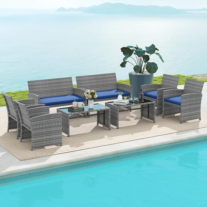 RELAX4LIFE 8-Piece Patio Furniture Set - Wicker Rattan Outdoor Sectional Sofa Set w/Glass Coffee Table, Loveseat, 2 Chairs & Soft Cushions, Bistro Conversation for Garden Porch (2, Grey-Navy)