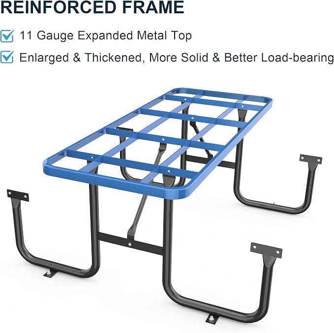 KEIKI 72" Heavy-Duty Metal Picnic Table with Benches, Commercial Outdoor Steel Table with 2.12" Umbrella Hole, 2.5mm Mesh Top, Rust-Resistant Coating, Patio Backyard Park Dining Furniture, Blue
