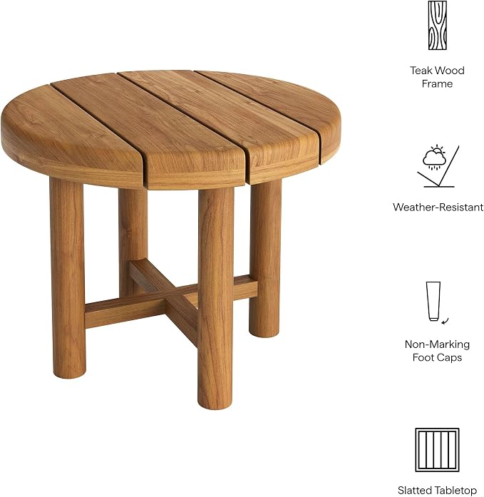 Modway Eleni 20-Inch Outdoor Teak Wood Side Table in Natural – Round Patio End Table with Slatted Top for Patios, Decks, Or Gardens