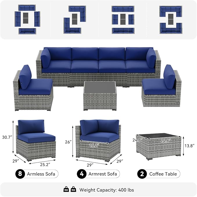 LazySunsets 14-Piece Patio Furniture Set, Wicker Rattan Outdoor Furniture with Thick Cushions, Patio Conversation Sets with Coffee Table, Outdoor Sectional Couch Sofa, Blue