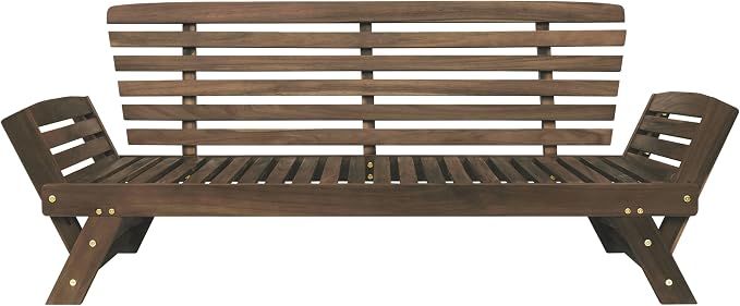 Outdoor Patio Furniture Sets, Adjustable Wooden Daybed Sofa Chaise Lounge, Acacia Wood Couch Sofa Bed with Cushions for Small Places Patio Balcony Poolside Backyard (Brown Finish+Beige cushion 6)