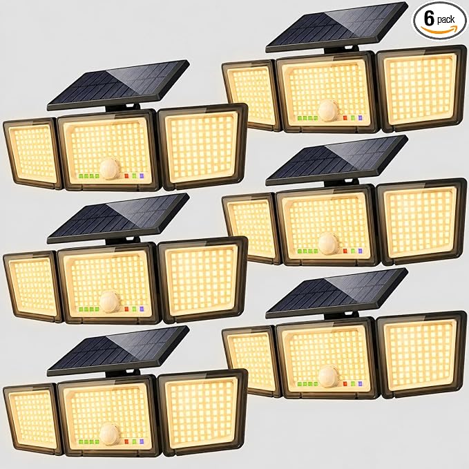 Solar Outdoor Lights Motion Sensor, 2500LM 286 LED Security Flood Lights with Visual Battery & Mode Display, 3 Lighting Modes, IP65 Waterproof 3-Head Wide Angle for Garage, Yard, Patio (6P Warm White)