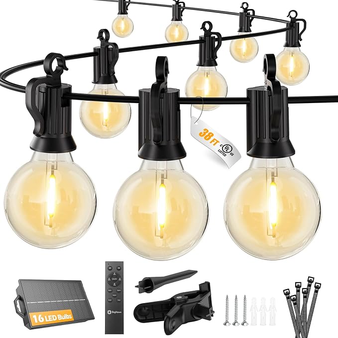 Brightown 38FT 16LED Solar String Lights Outdoor with Remote & USB Port | Shatterproof Bulbs, Dimmable & Timable, 3 Modes, Solar Patio Lights with a Mount Clip for Camping Backyard Garden Decor