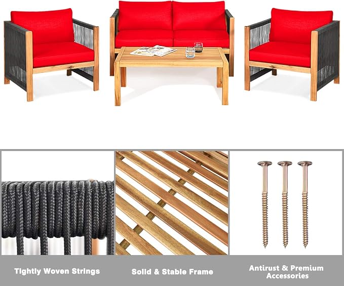 Tangkula Outdoor Wood Furniture Set, Acacia Wood Frame 2 Loveseat Sofa, 4 Single Chairs and 2 Coffee Table, 8 Pieces Conversation Set with Cushions, Garden Balcony Poolside Outdoor Living Set (2, Red)