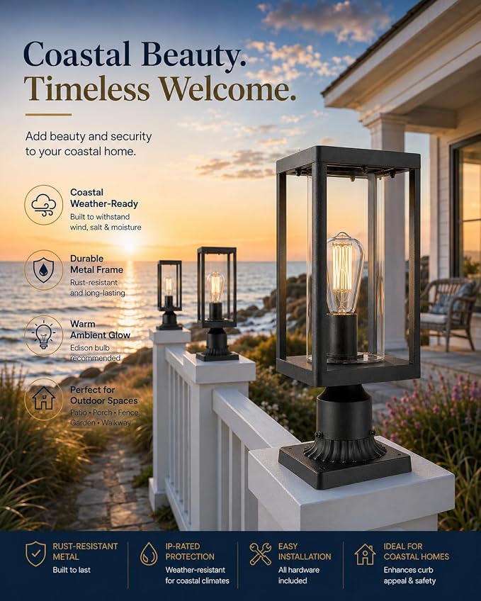 Beionxii Outdoor Post Lights, 20inch Large Modern Large Exterior Post Lantern Pillar Light with Pier Mount Base, Black Cast Aluminum w/Clear Cylinder Glass - A291P-1PK (NOT Solar, 110-120V AC)