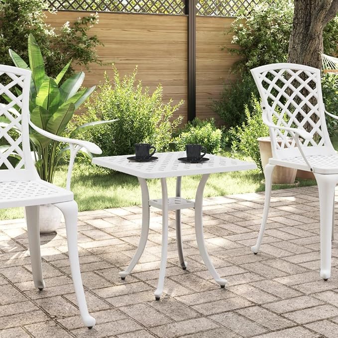 White Cast Aluminum Square Garden Table for Outdoor Patio Balcony, Durable Compact 4-Person Dining Furniture with Fade Resistant Finish