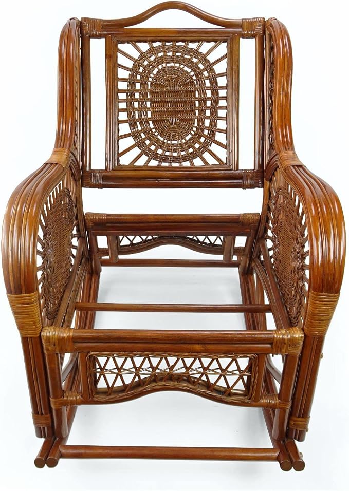 Malibu Handmade Natural Rattan Living Room Set of 2 Rocking Lounge Chairs and Round Coffee Table with Glass, Colonial Color with Black Leaf Cushions