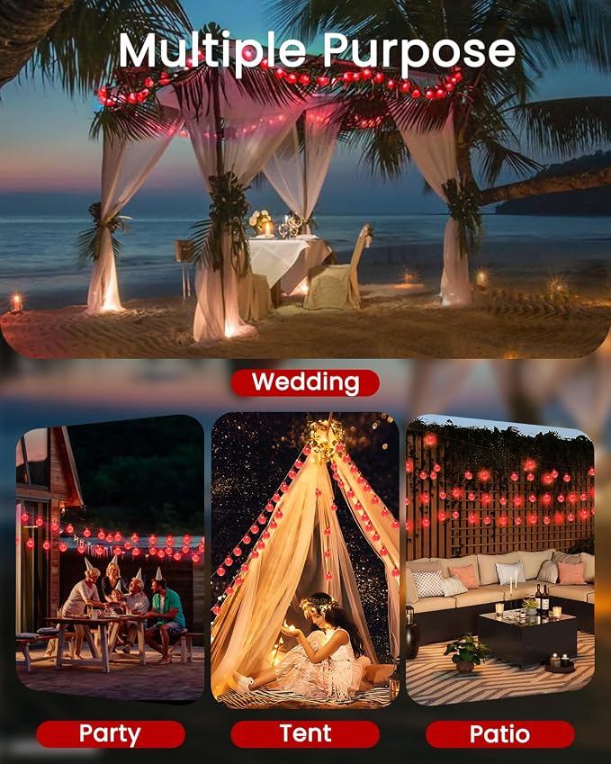 LORRYTE Solar String Lights Outdoor 2 Pack 72FT 120 LED Red Patio Lights | Crystal Globe, IP65 Waterproof, Auto On/Off, 8 Modes Solar Powered Light for Outside Halloween Party Garden Yard Decorations