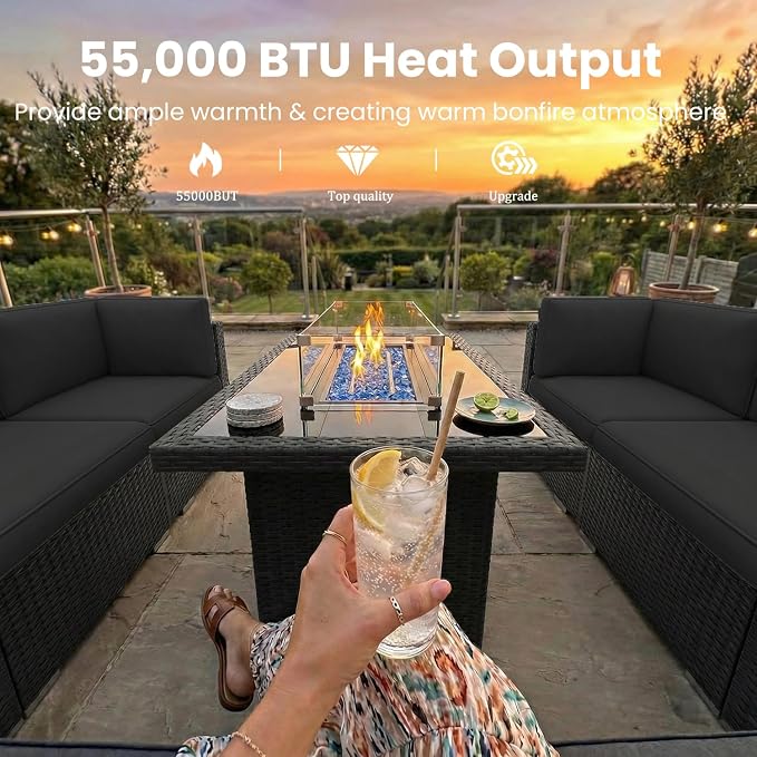 6 Pieces Patio Furniture Set with 44" Propane Gas Fire Pit Table, Outdoor Sectional Wicker Conversation Sofa Sets with Coffee Table