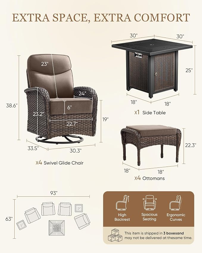Belord Upgraded 6“ Cushion Luxury 7 Piece Patio Furniture Set with Fire Pit Table - Outdoor Furniture Set with High Back Swivel Rocker Patio Chairs, Conversation Set for Deck Porch Yard - Brown/Grey