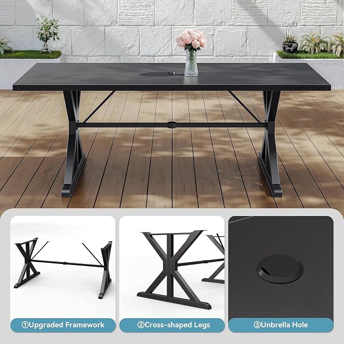 7 Pieces Outdoor Patio Dining Set,Patio Table and Chairs Metal Outdoor Patio Furniture Set with Umbrella Hole,Dining Table Set with 6 Swivel Chairs for Deck,Backyard and Garden,Navy Blue