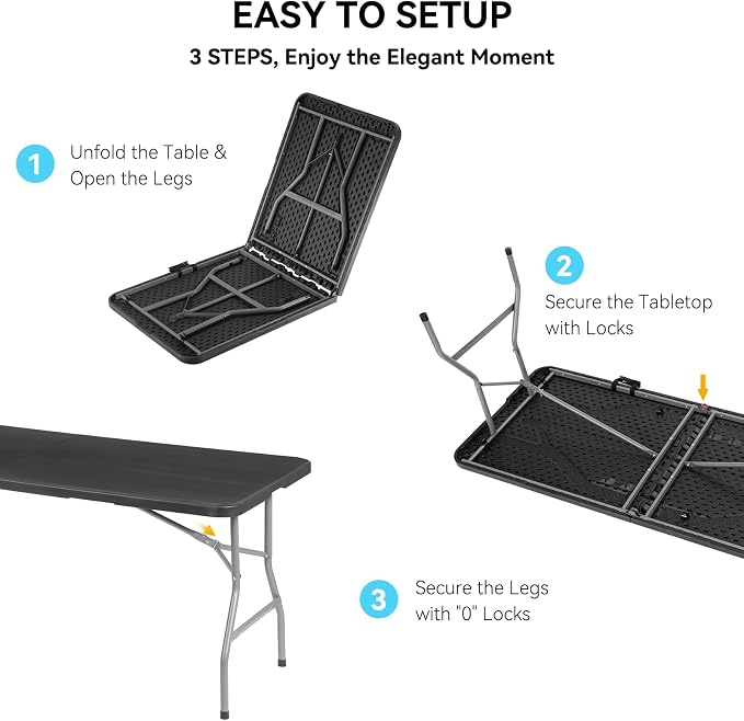 6 Foot Foldable Table with Built in Handle & Steel Legs,Heavy Duty Portable,Perfect for Party, Dining, Wedding, Events, Picnic Indoor, Outdoor, Camping, Utility, Folding(Black-1pac)