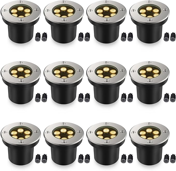 JESLED 12 PackOutdoor Landscape Lights, Low Voltage In Ground Well Lights | 3000K Warm White, 6W LED, 12V/24V, IP67 Waterproof, 5-Ton Pressure Resistant & 90° Beam for Driveway Decks Step Garden