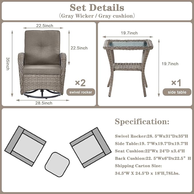 Belord Swivel Patio Chairs Wicker Set - Outdoor Swivel Rocker Chair with Side Table, 3 Piece Patio Glider Chairs Furniture Set with Water-Resistant Cushions for Deck Porch Sunroom Grey Cushion
