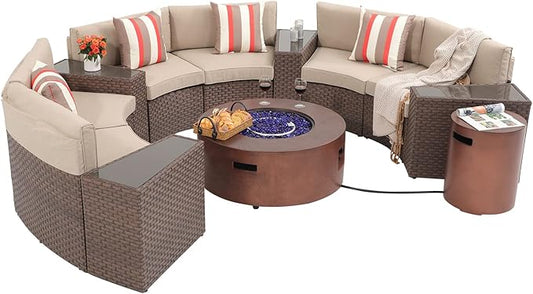 SUNSITT 12 Piece Patio Furniture Set with Fire Pit Outdoor Round Sectional Sofa with 36" Bronze Propane Fire Table & Tank Holder, Brown Rattan