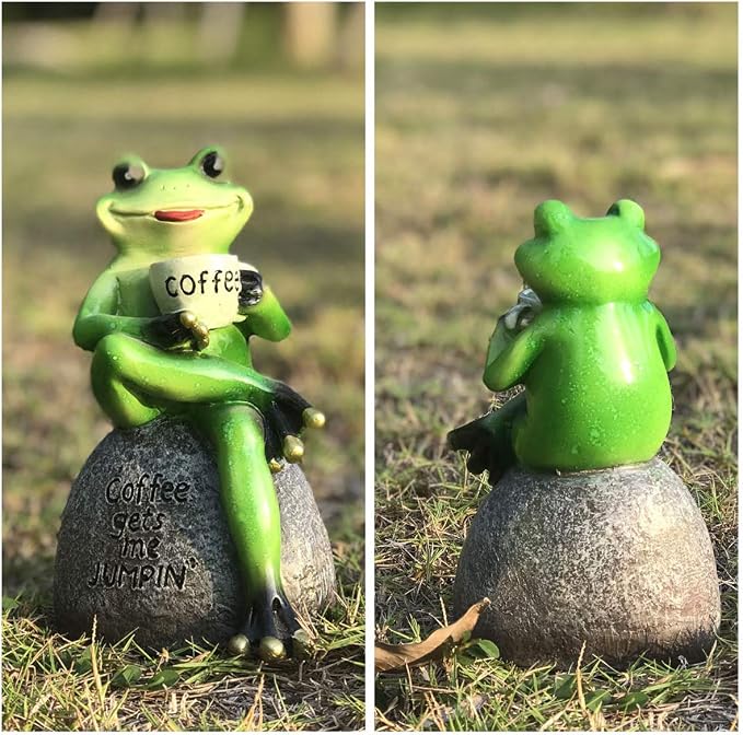 OwMell Frog Statue for Garden Decor, Drinking Coffee Green Frog Figurine | This creative frog ornament brings a lot of vigour to your yard or garden. Garden Decoration Resin Sculpture 6 Inches Gift