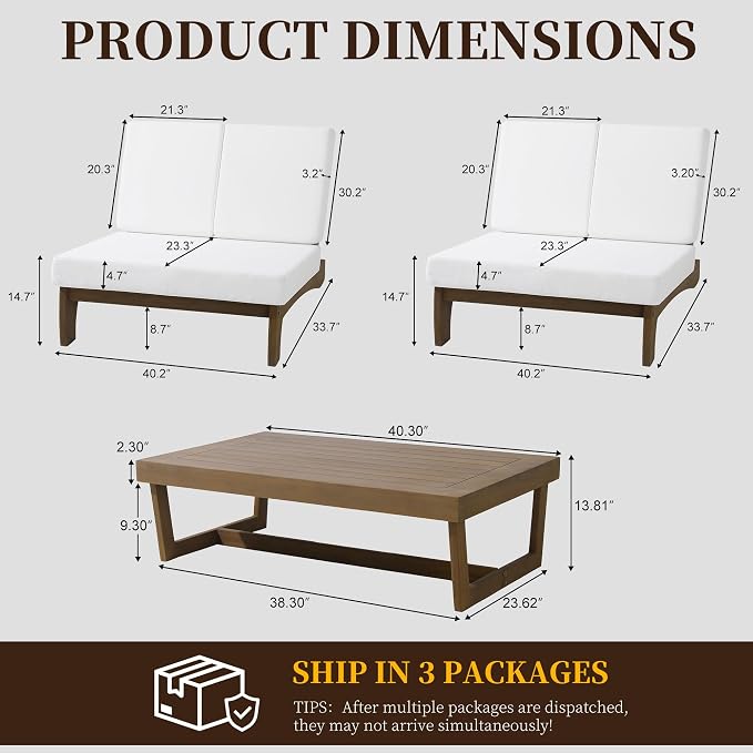 All Weather Wood Patio Furniture Sets, 3 Pieces Patio Loveseat Sofa Outdoor Sectional Futniture Backyard Conversation Set with Solid Wooden Coffee Table - Beige
