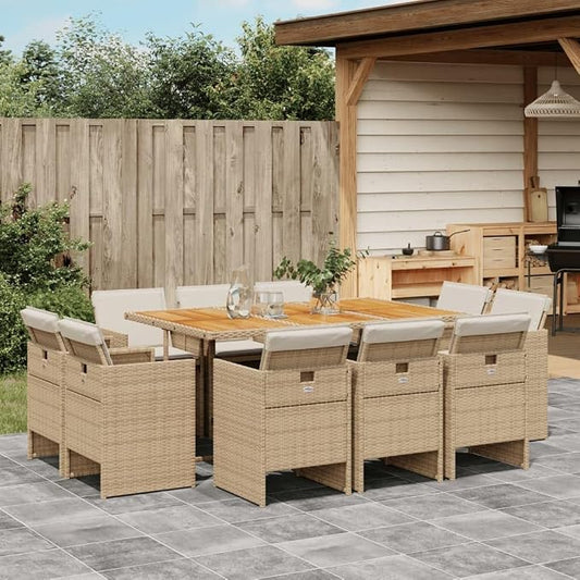 11-Piece Patio Dining Set with Cushions Beige Poly Rattan Outdoor Furniture Set for Garden Backyard Balcony Porch