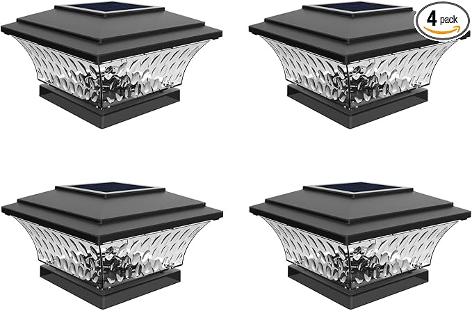 HUYIENO Solar Post Cap Lights Outdoor LED Lighting Deck Fence Cap Light Two Light Modes Warm White/Bright White Suitable for 4x4 Wooden Posts Black 4PK