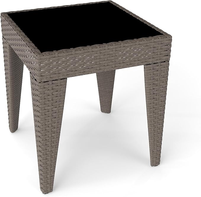 Kinfant Rattan Patio Side Table - Modern Wicker End Table, PE Rattan Coffee Table with Glass Top, Weather-Resistant Patio Furniture for Patio, Balcony, Garden, and Poolside (1, Rattan Sesan)
