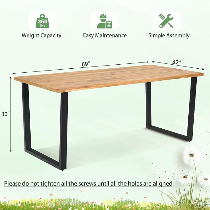HAPPYGRILL Acacia Wood Dining Table for 6, Outdoor Patio Table with Metal Frame and 2 inch Umbrella Hole, 69 x 32 inch Rectangular Outdoor Table for Porch Balcony Garden