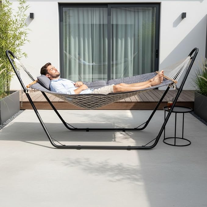 Heavy Duty Hammock with Stand, Double-Layer Bed, 440 lb Capacity | Anti-Rust Steel Frame, Adjustable Steel Chains, Anti-Tip Design, Indoor & Outdoor Use, 195 x 140 cm Bed