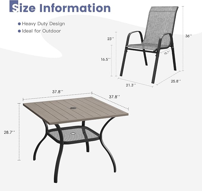 VICLLAX Square Patio Dining Set for 4, Metal Slatted Patio Table with Umbrella Hole and Stackable Patio Chairs for Deck Lawn Garden, Grey Fabric and Antique Grey Tabletop