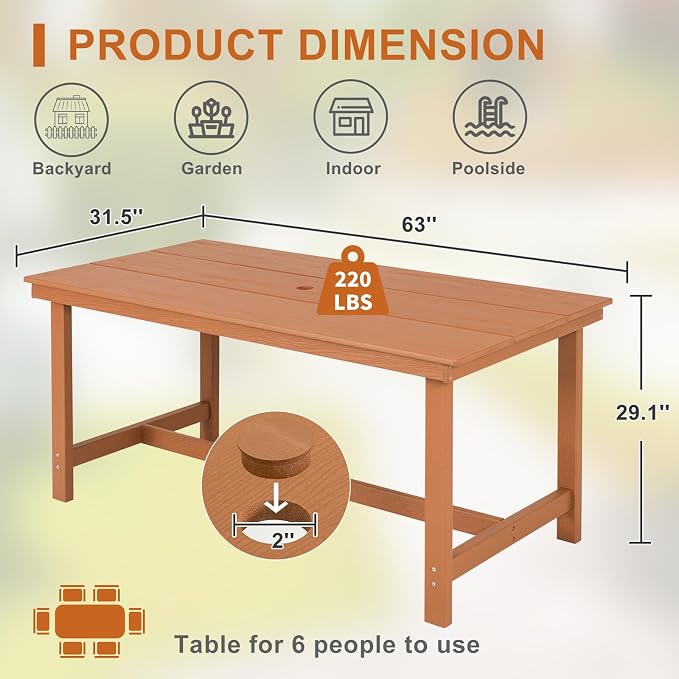 FUNBERRY Outdoor Dining Table, HDPE 6-Person Patio Table with Umbrella Hole | Wood-Grain, HDPE All Weather, No Rot or Rust or Crack, UV Fade Shield, 220LBS Weight Capacity, Easy-Clean for Outside