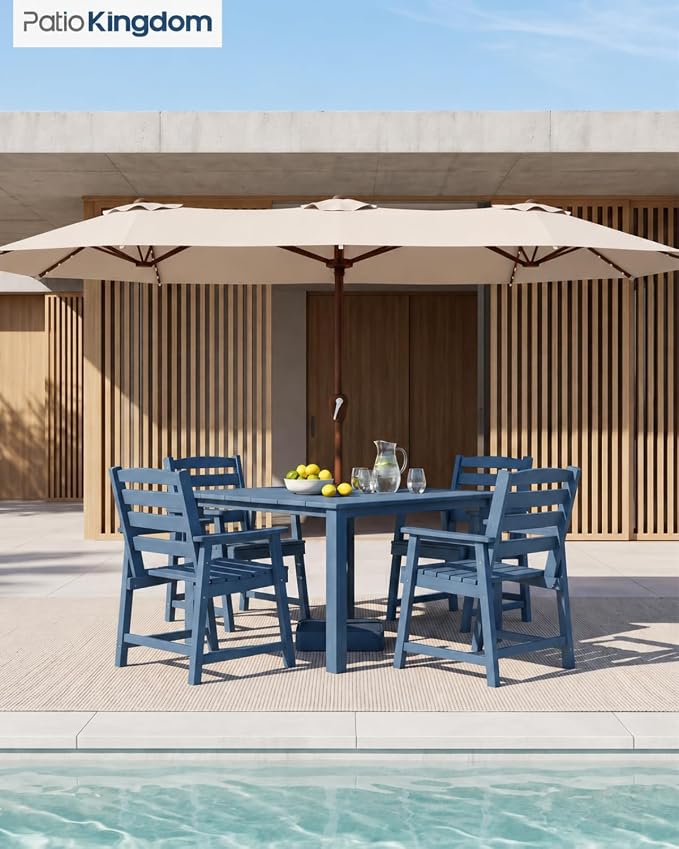HDPE Outdoor Dining Set for 4 with 10FT Umbrella, Navy | All-Weather HDPE, Wood Grain Finish, 42.5" Square Table, Built-In Umbrella Hole, Seats 4, Patio & Poolside Ready