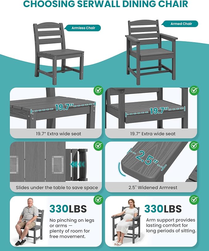 SERWALL 59" Outdoor Dining Set for 4, w/ 1 Table & 4 Armless Chairs, Gray | Armless Patio Dining Sets for All Weather Use
