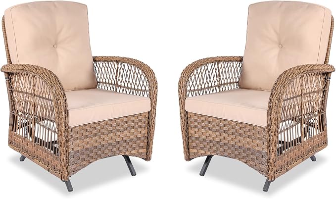 MEETWARM Patio Wicker Rocking Glider Set, All-Weather Outdoor Rattan Patio Rocking Chairs of 2, Patio Conversation Set with Thickened Cushions for Porch Garden & Backyard, Brown